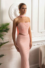 Elegant Draped Evening Co-Ord With Asymmetrical Neckline And Ruching Details - Pink
