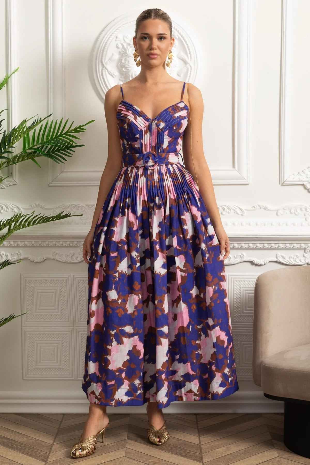 Pleated Bust Belted Midi Dress with Spaghetti Straps - Purple