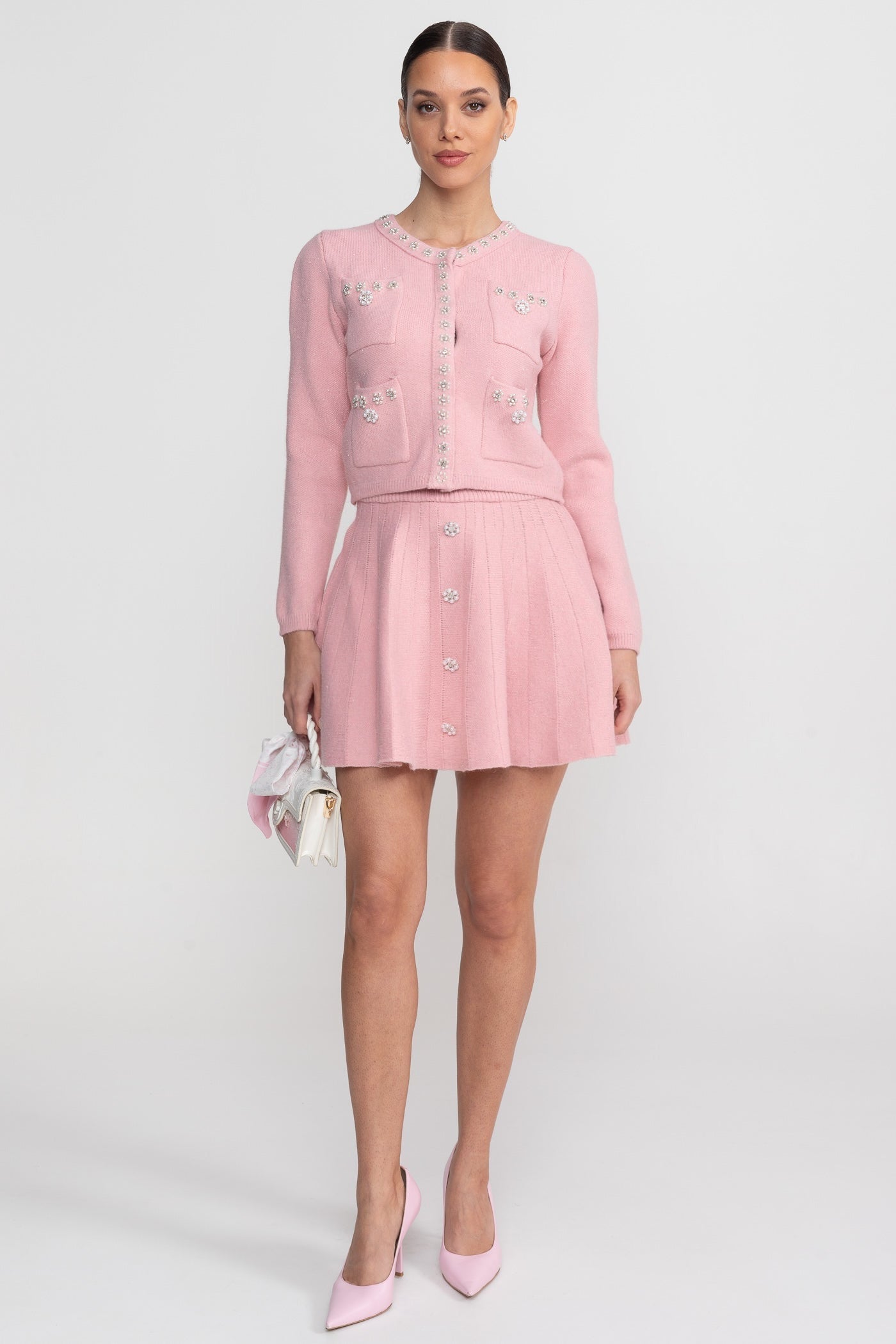 Knit Co-Ord Set With Long Sleeve Cardigan And Matching Mini Skirt - Blush Pink