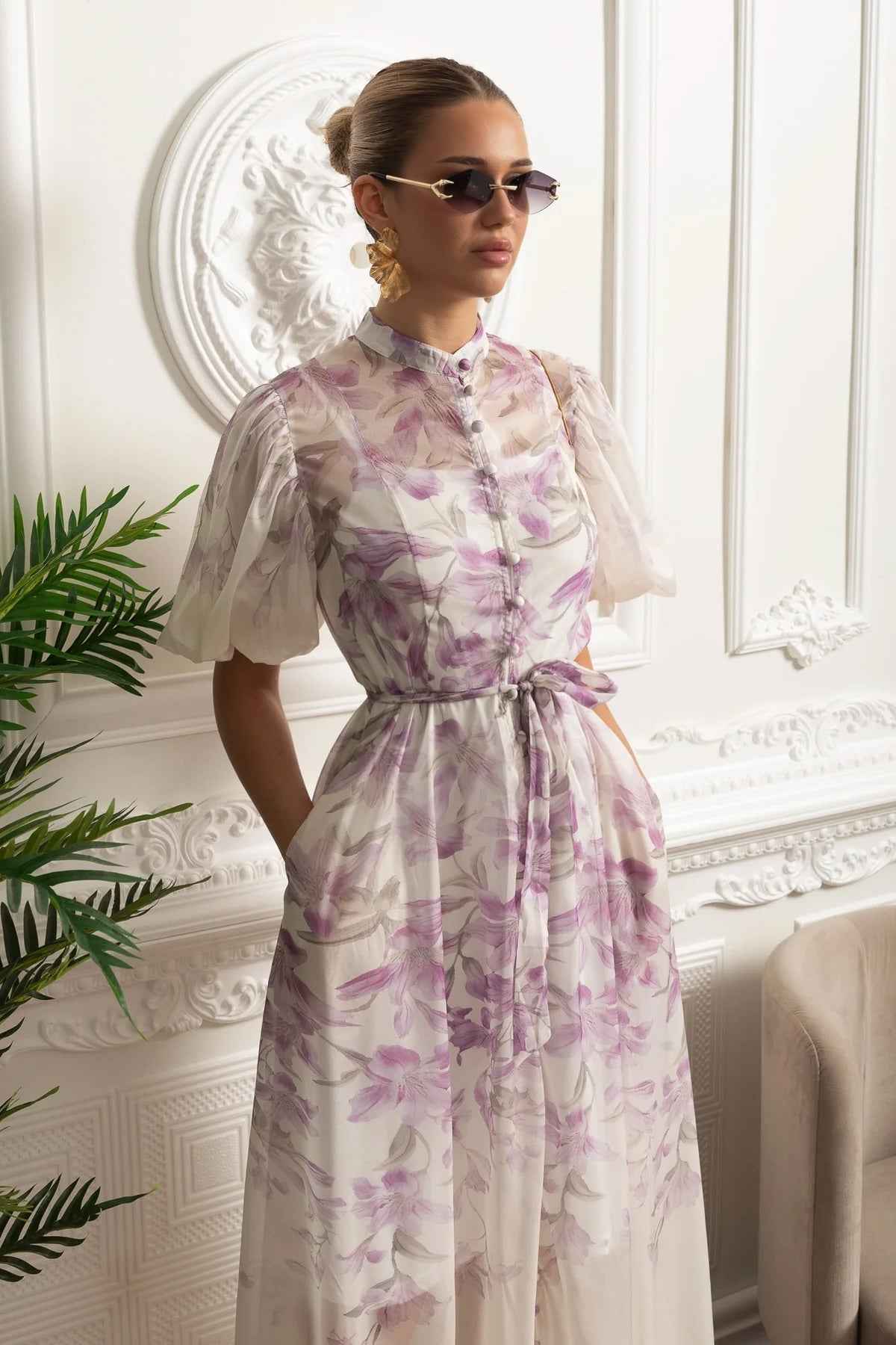 FLORAL PUFF-SLEEVE MIDI SUMMER DRESS
