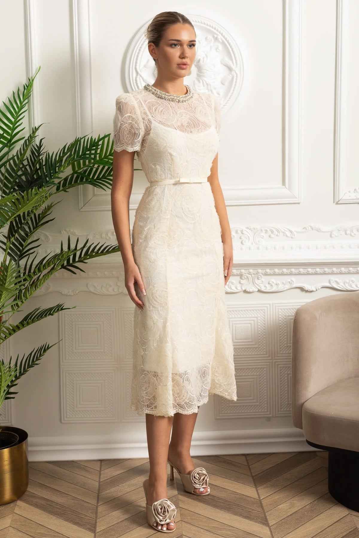 LACE FLORAL MIDI COCKTAIL PARTY DRESS