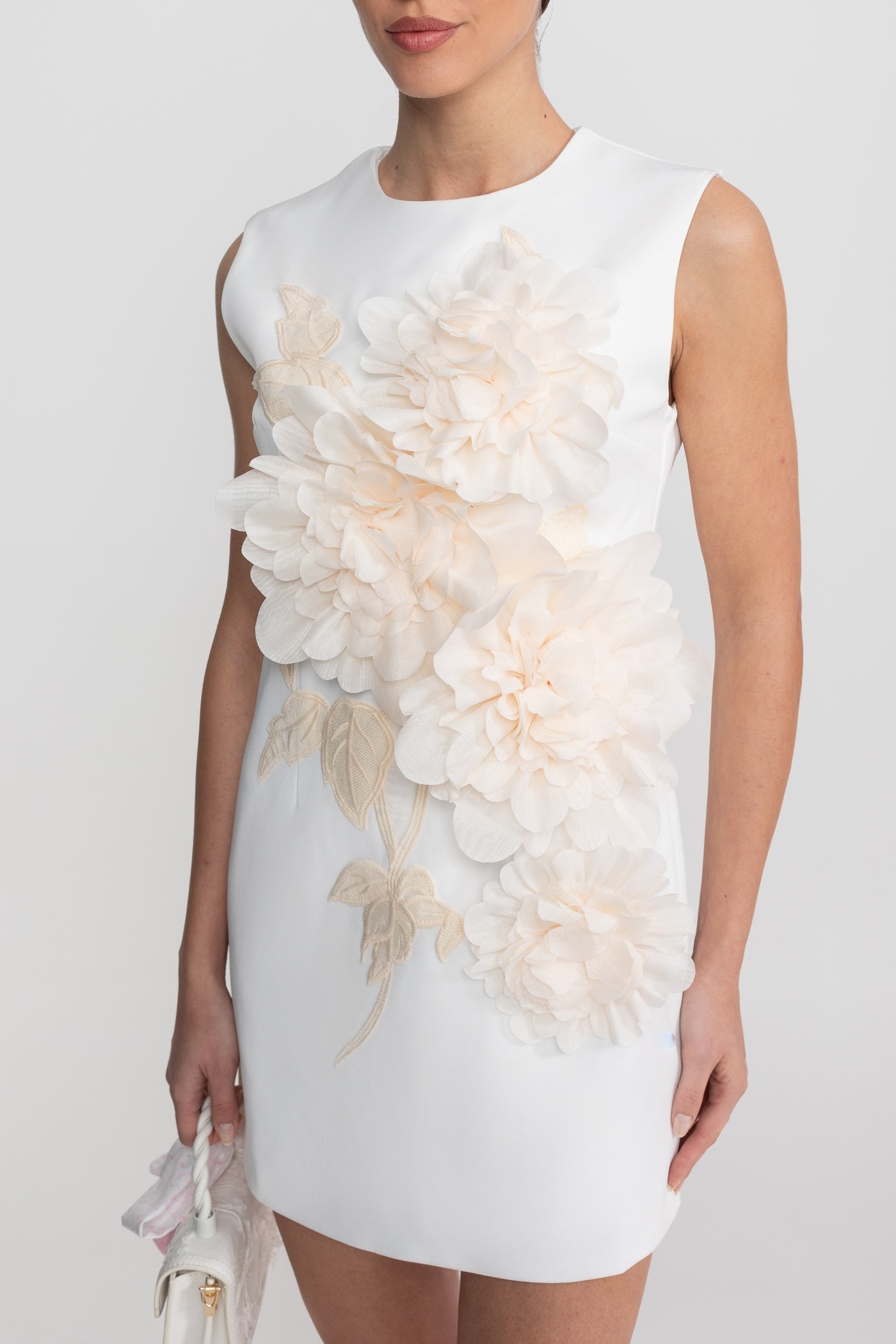 Sleeveless Mini Dress With Round Neckline And 3D Floral Appliqu - White