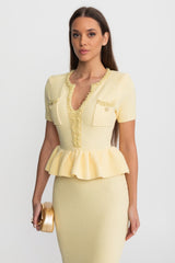 Textured Knit Midi Dress with Peplum Waist Detail Yellow