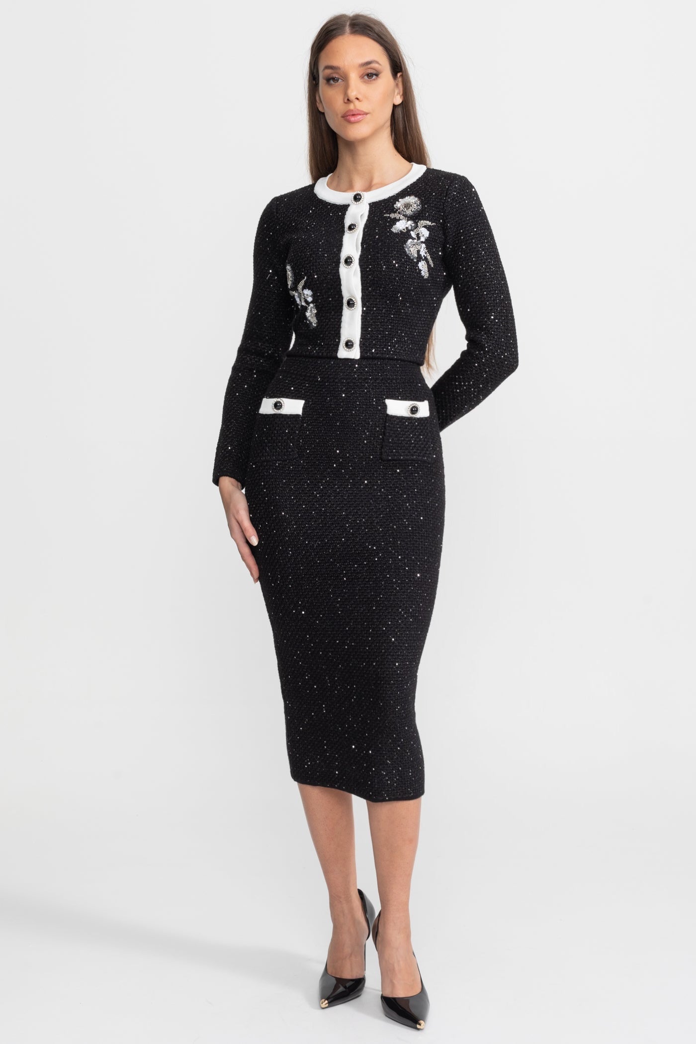 Embroidered Tweed Knit Co-Ord Set with Contrast Trim Black