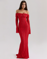 Red Stretch Floral Lace, Off-Shoulder Boned Bodice, Evening Wear
