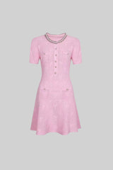 Textured Short Sleeve Mini Dress With Pearl Trim Neckline And Crystal Buttons - Pink