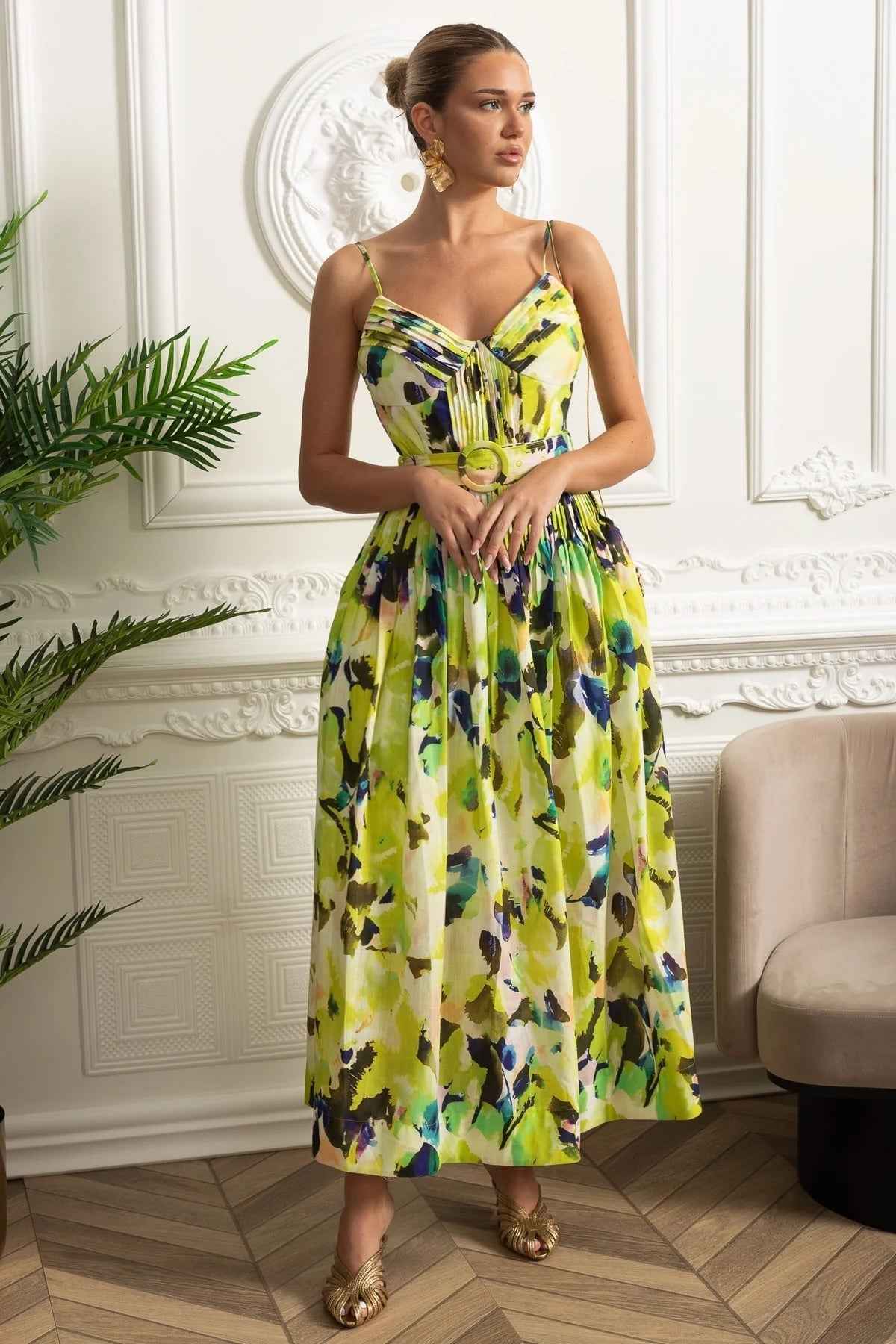Pleated Bust Belted Midi Dress with Spaghetti Straps - Yellow