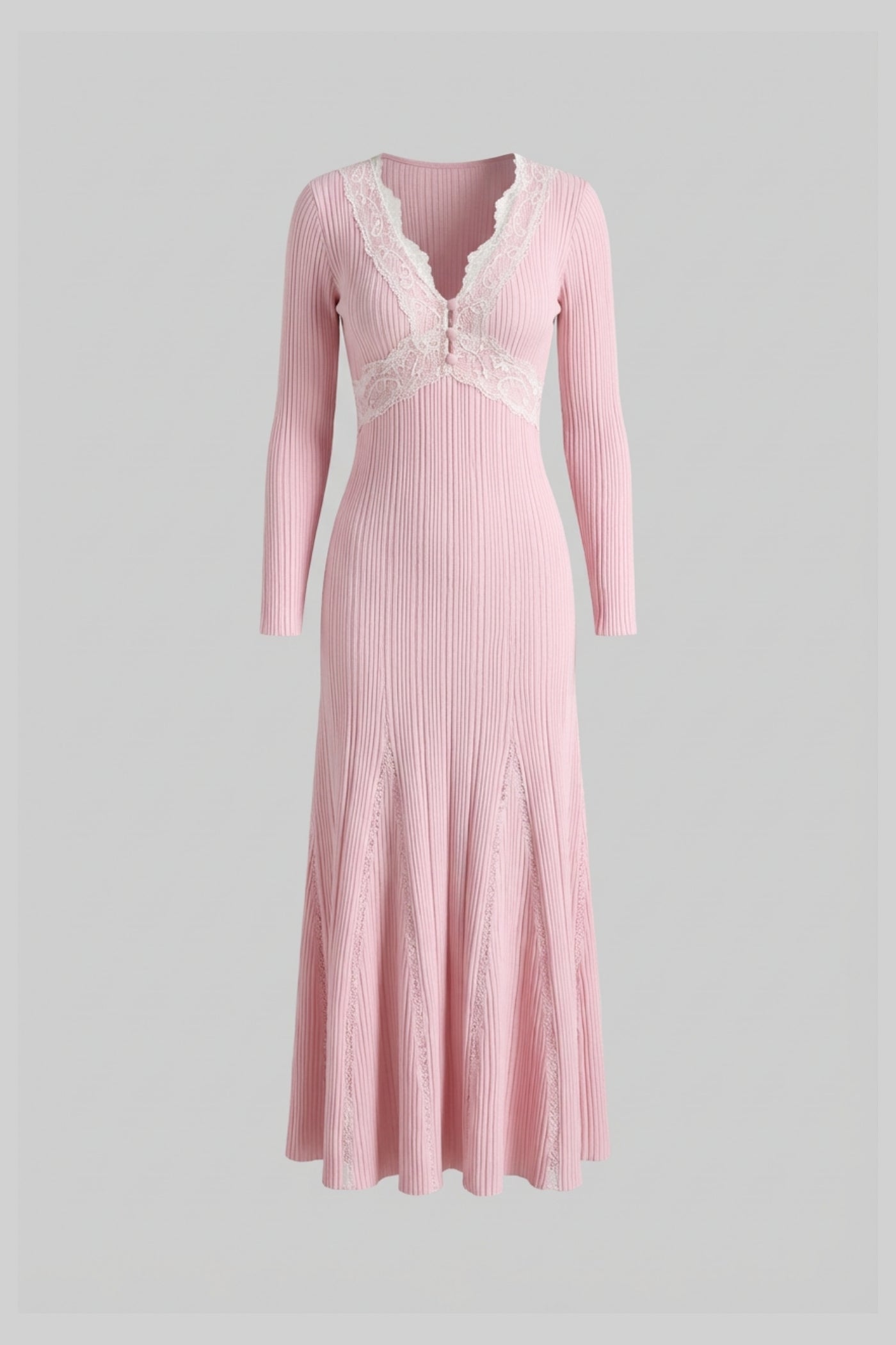 Ribbed Long Sleeve Midi Dress With Lace-Trim V-Neckline - Baby Pink