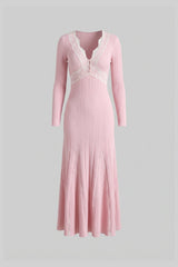 Ribbed Long Sleeve Midi Dress With Lace-Trim V-Neckline - Baby Pink