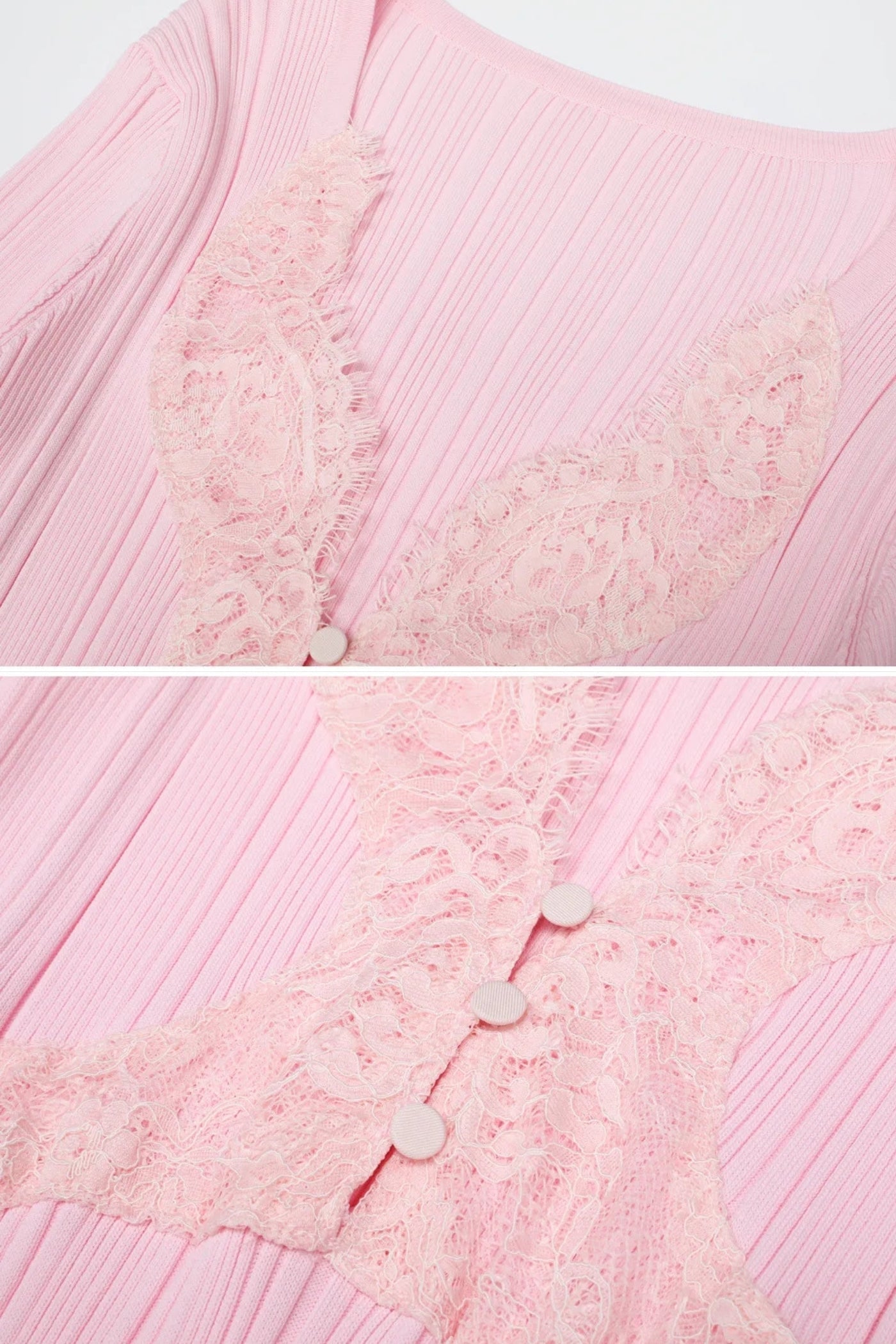 Ribbed Long Sleeve Midi Dress With Lace-Trim V-Neckline - Baby Pink