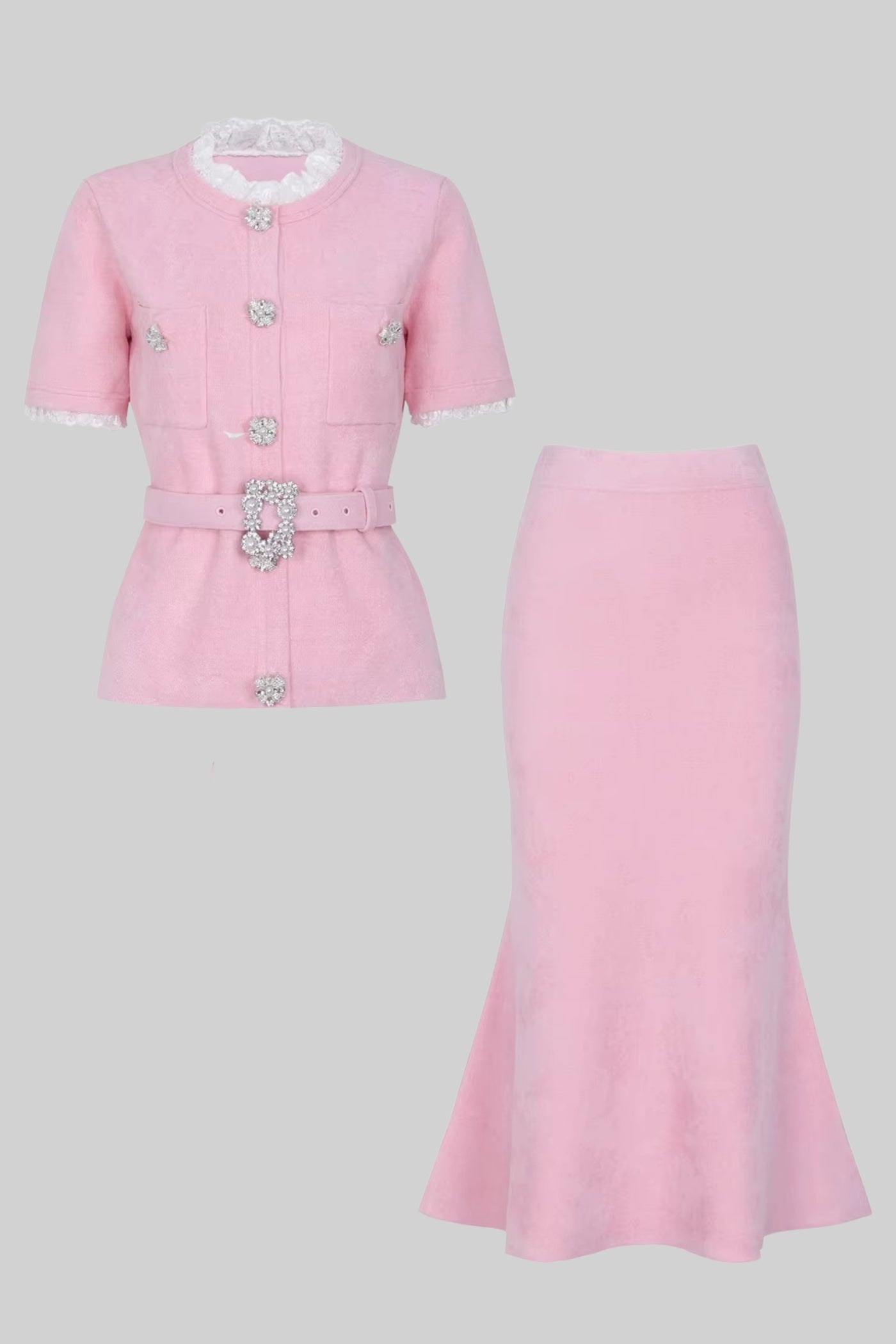 Short Sleeve Co-Ord With Peplum Waist And Crystal Button Belt - Blush Pink