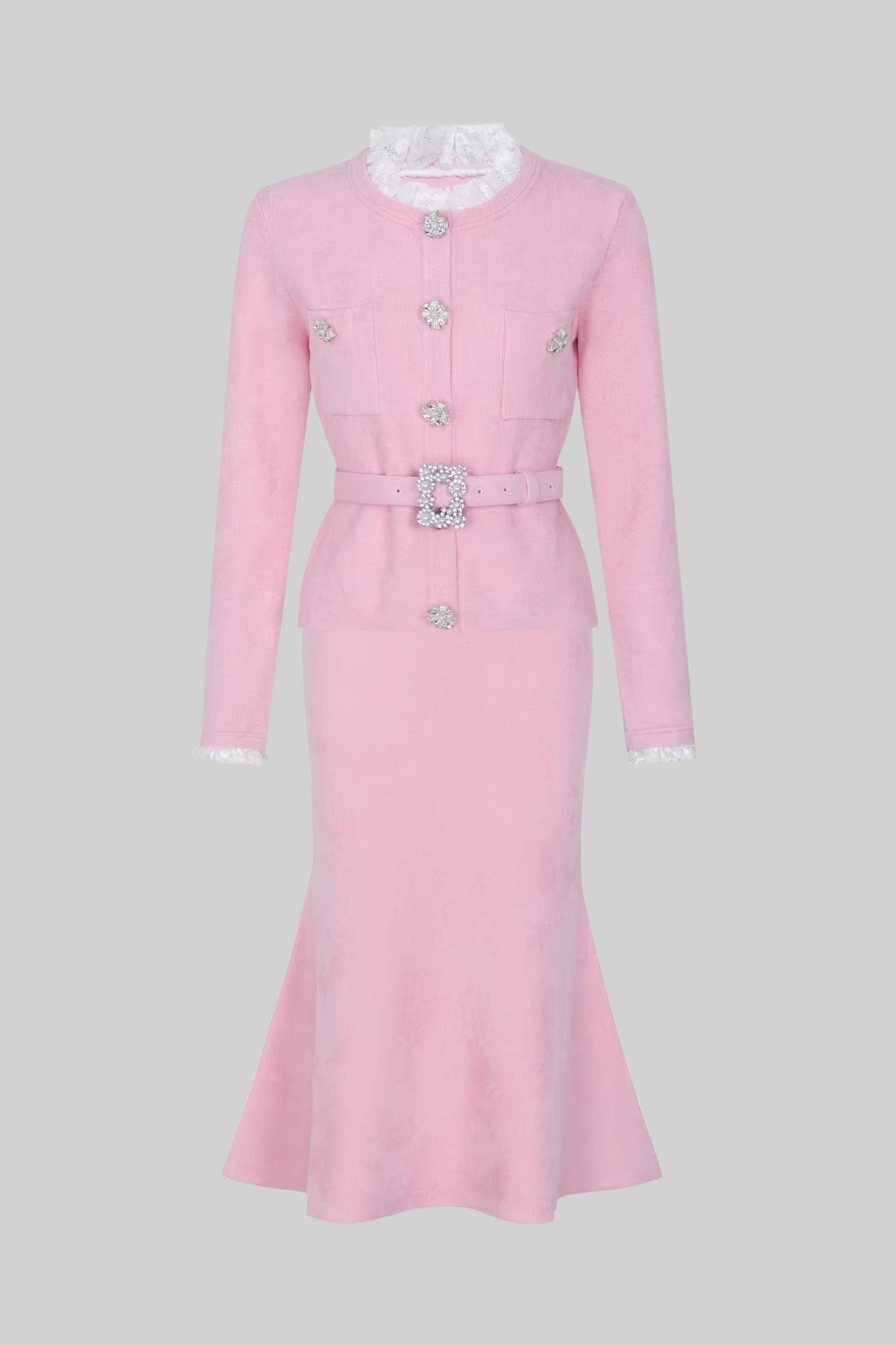Long Sleeve Co-Ord With Fitted Knit Bodice And Crystal Button Detail - Blush Pink