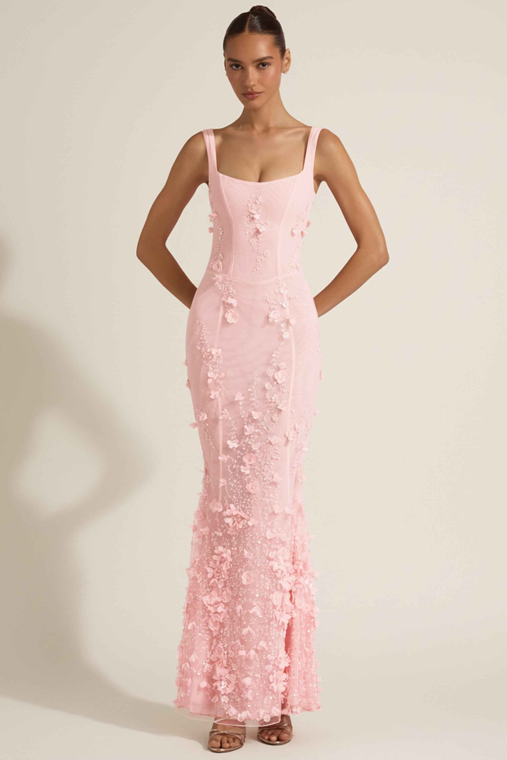 Vasanta Sequin Floral Maxi Evening Dress - Pink