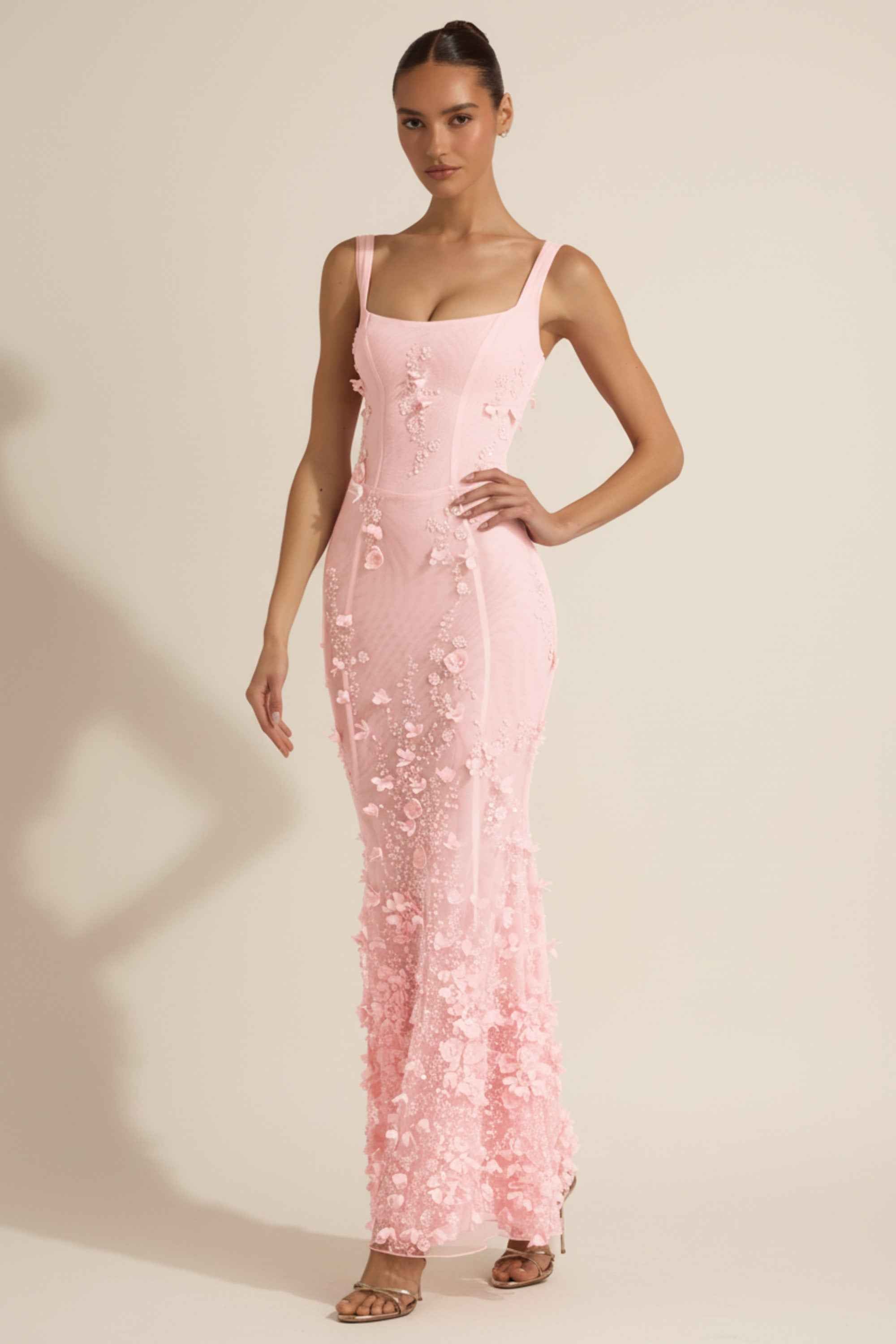 Vasanta Sequin Floral Maxi Evening Dress - Pink