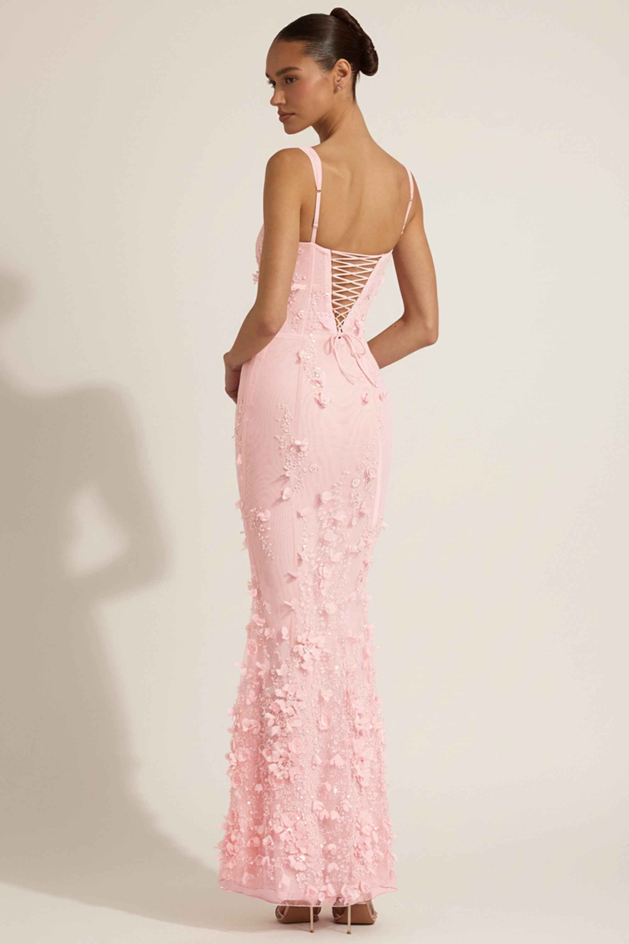 Vasanta Sequin Floral Maxi Evening Dress - Pink