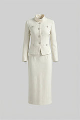 Textured Midi Dress With High Neck Jacket And Crystal Button Detail - White