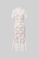 Lace Short Sleeve Midi Dress With Collared Neckline And Belted Waist - White