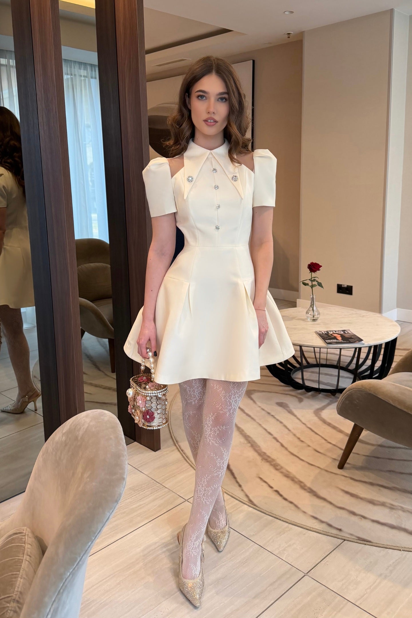 Puff Sleeve Mini Dress With Pointed Collar And Crystal Button Front - Ivoire