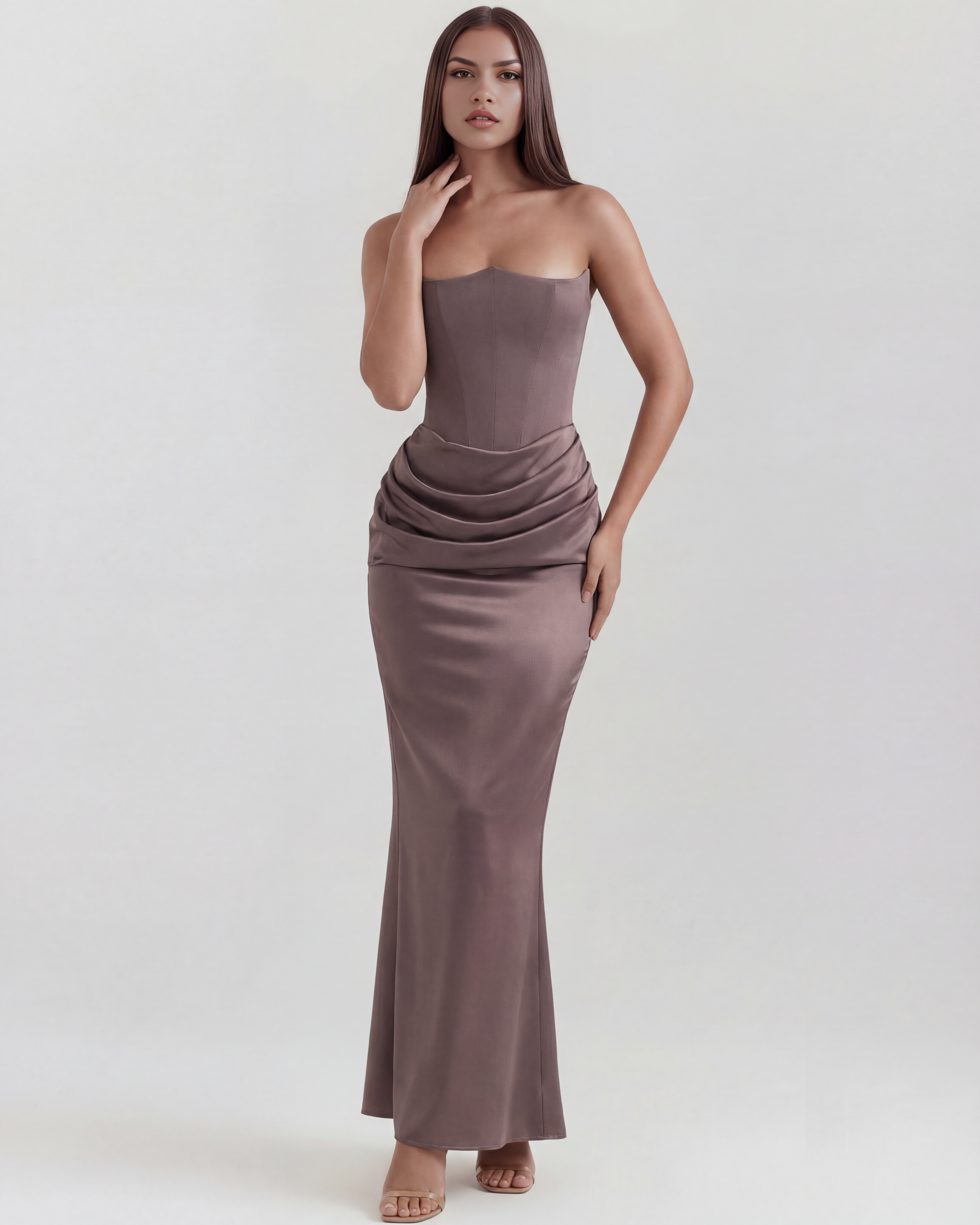Almond Muse Style, Stretch Crepe Boned Bodice, Glamorous Events