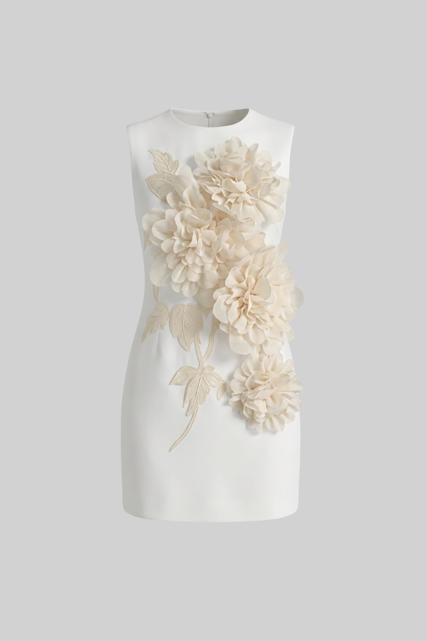 Sleeveless Mini Dress With Round Neckline And 3D Floral Appliqu - White