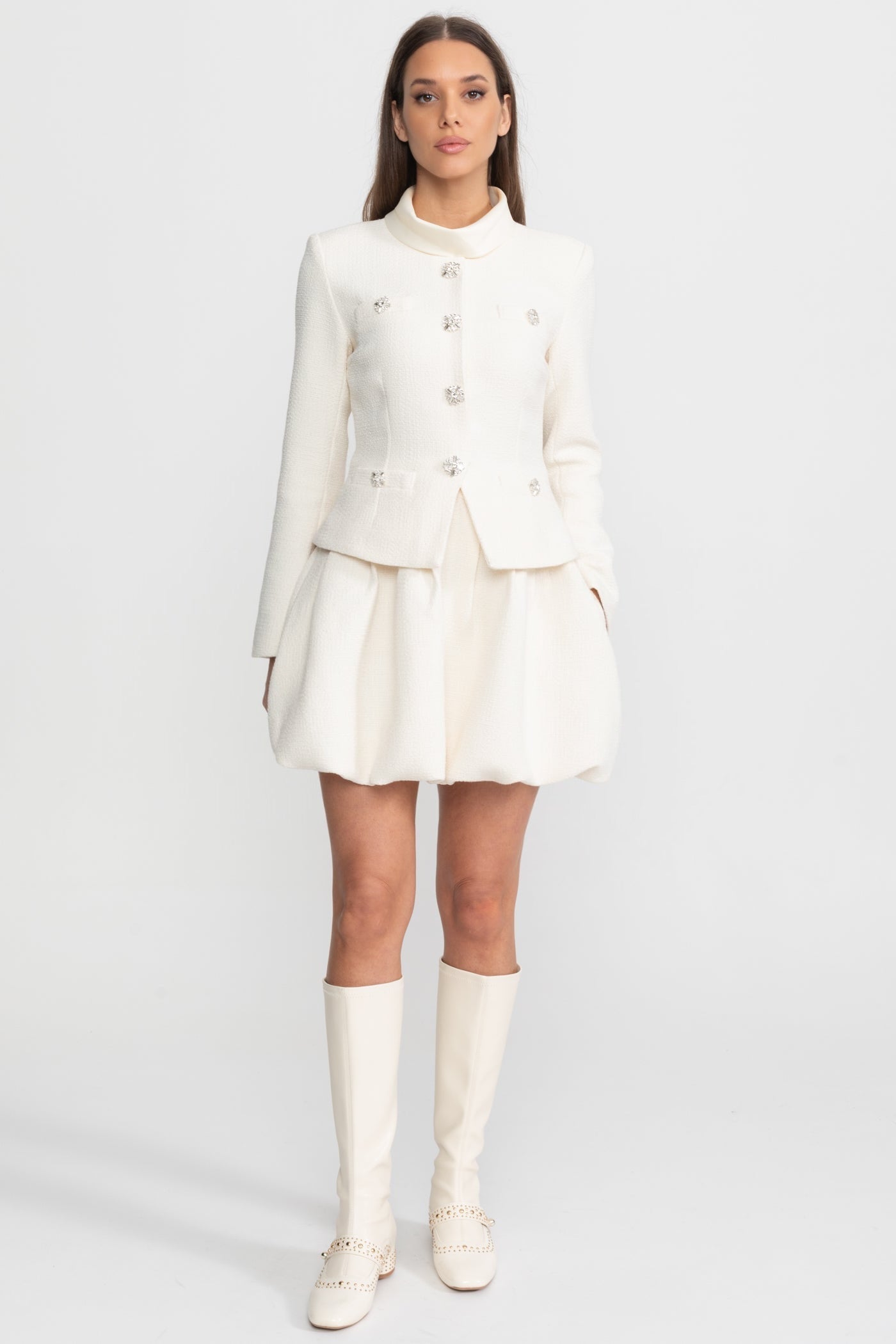 Textured Mini Dress with Crystal Button Embellishments Ivoire