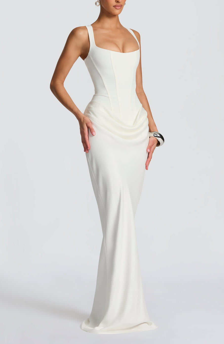 Anelina Satin Draped Maxi Gown in Black