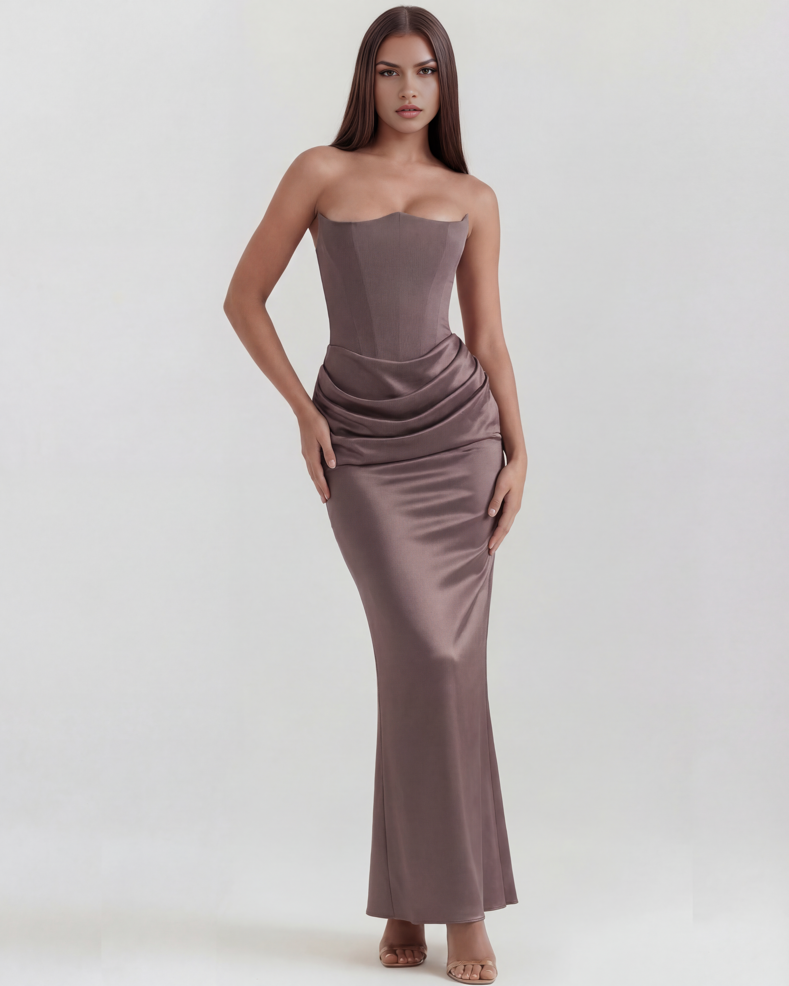 Almond Muse Style, Stretch Crepe Boned Bodice, Glamorous Events