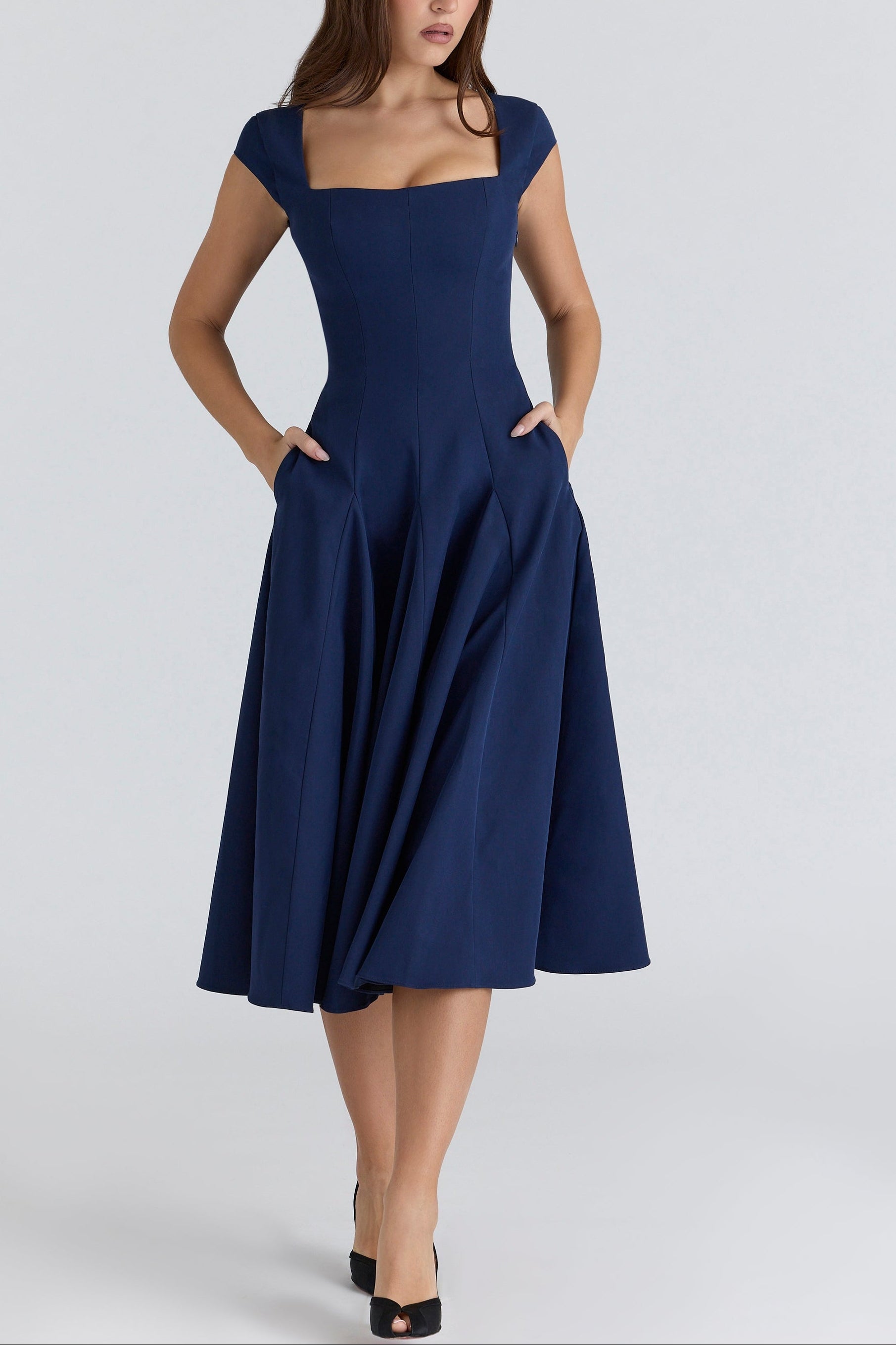 Elise Cap Sleeve Midi Dress in NavyBlue