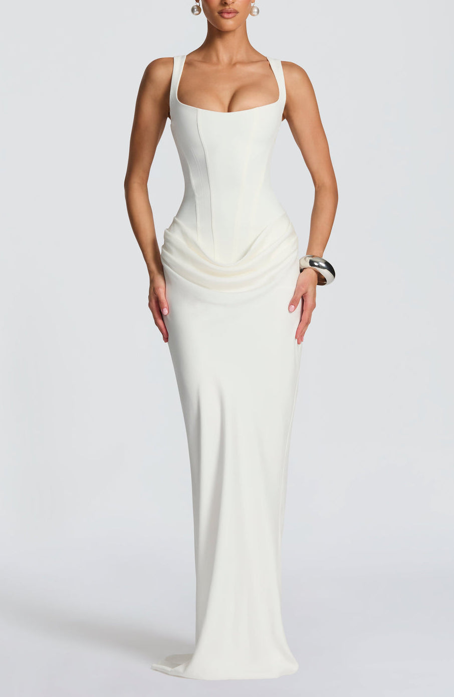 Anelina Satin Draped Maxi Gown in Black