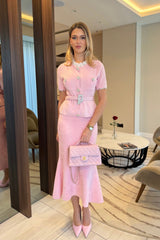 Short Sleeve Co-Ord With Peplum Waist And Crystal Button Belt - Blush Pink