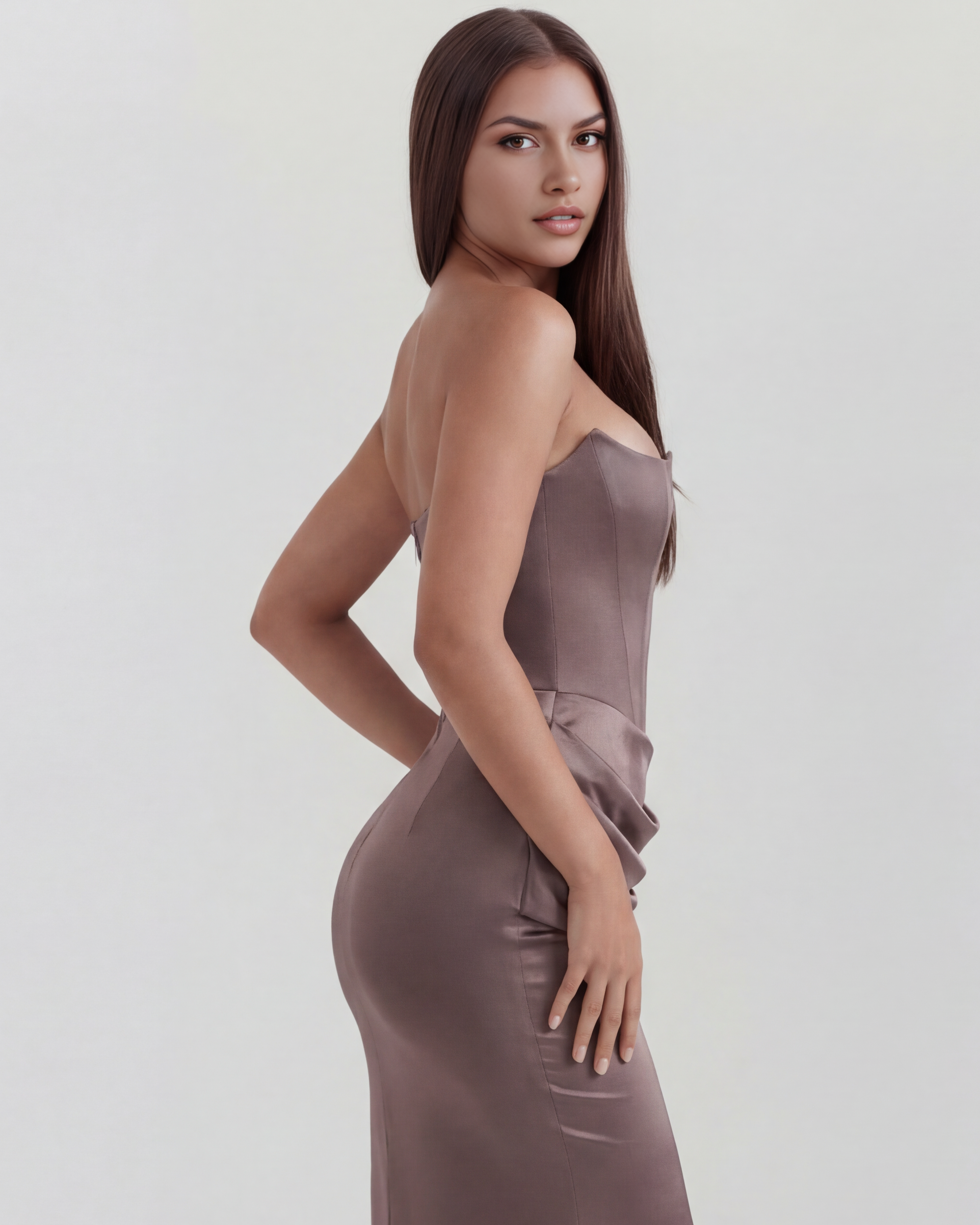 Almond Muse Style, Stretch Crepe Boned Bodice, Glamorous Events