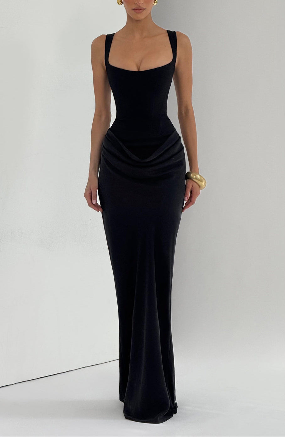 Anelina Satin Draped Maxi Gown in Black