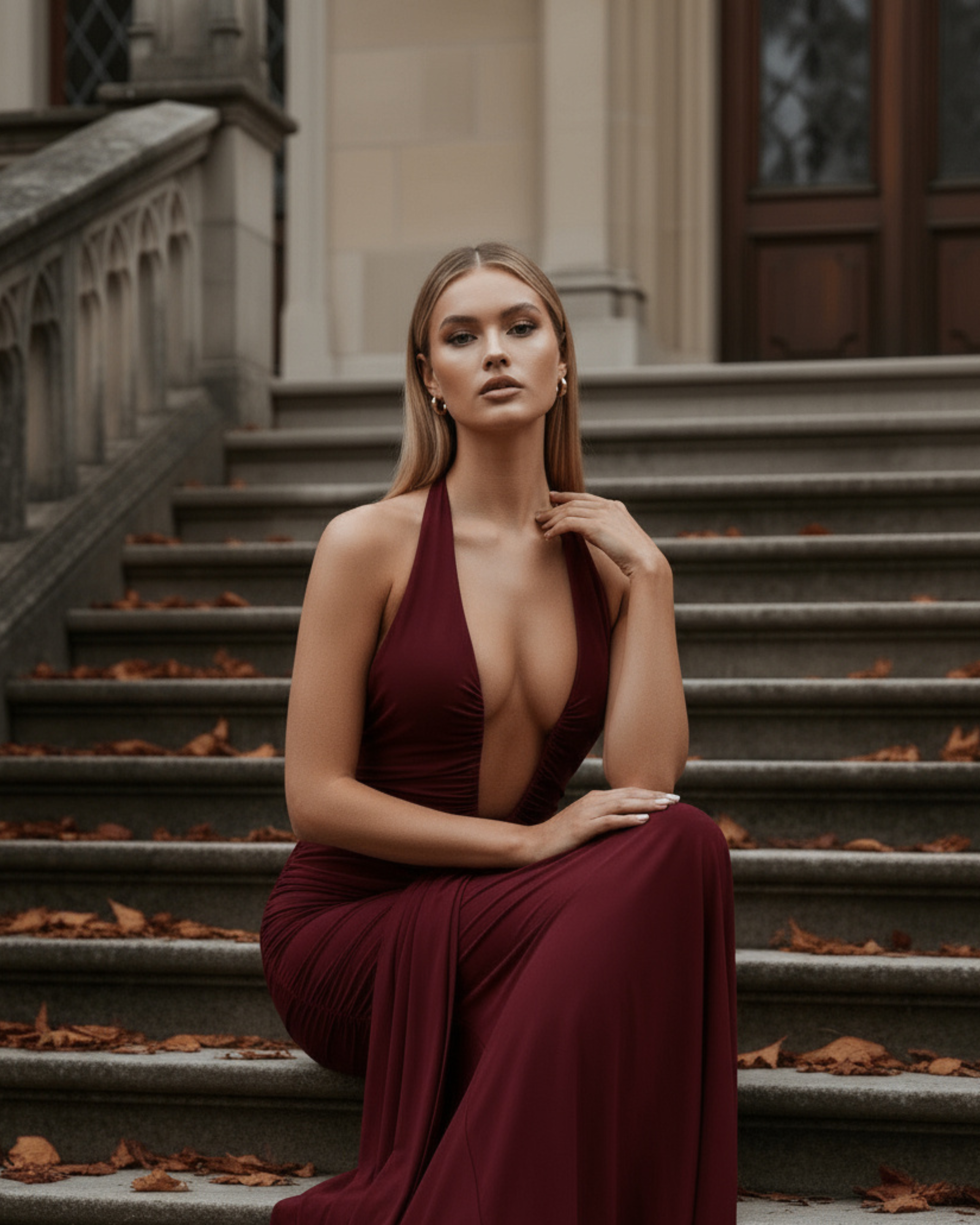 Burgundy Halter Neck, Ruched Details, Glamorous Events