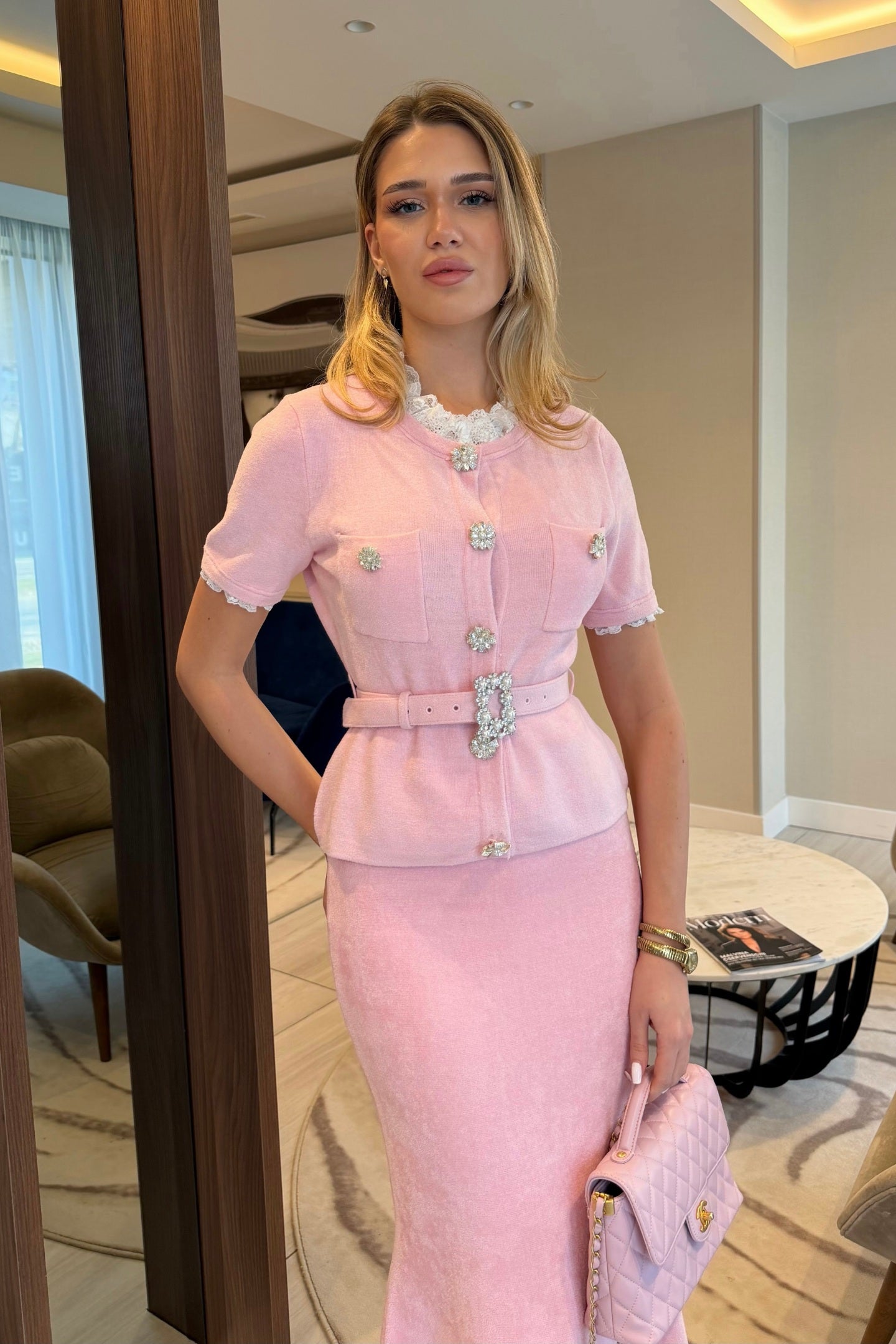 Short Sleeve Co-Ord With Peplum Waist And Crystal Button Belt - Blush Pink
