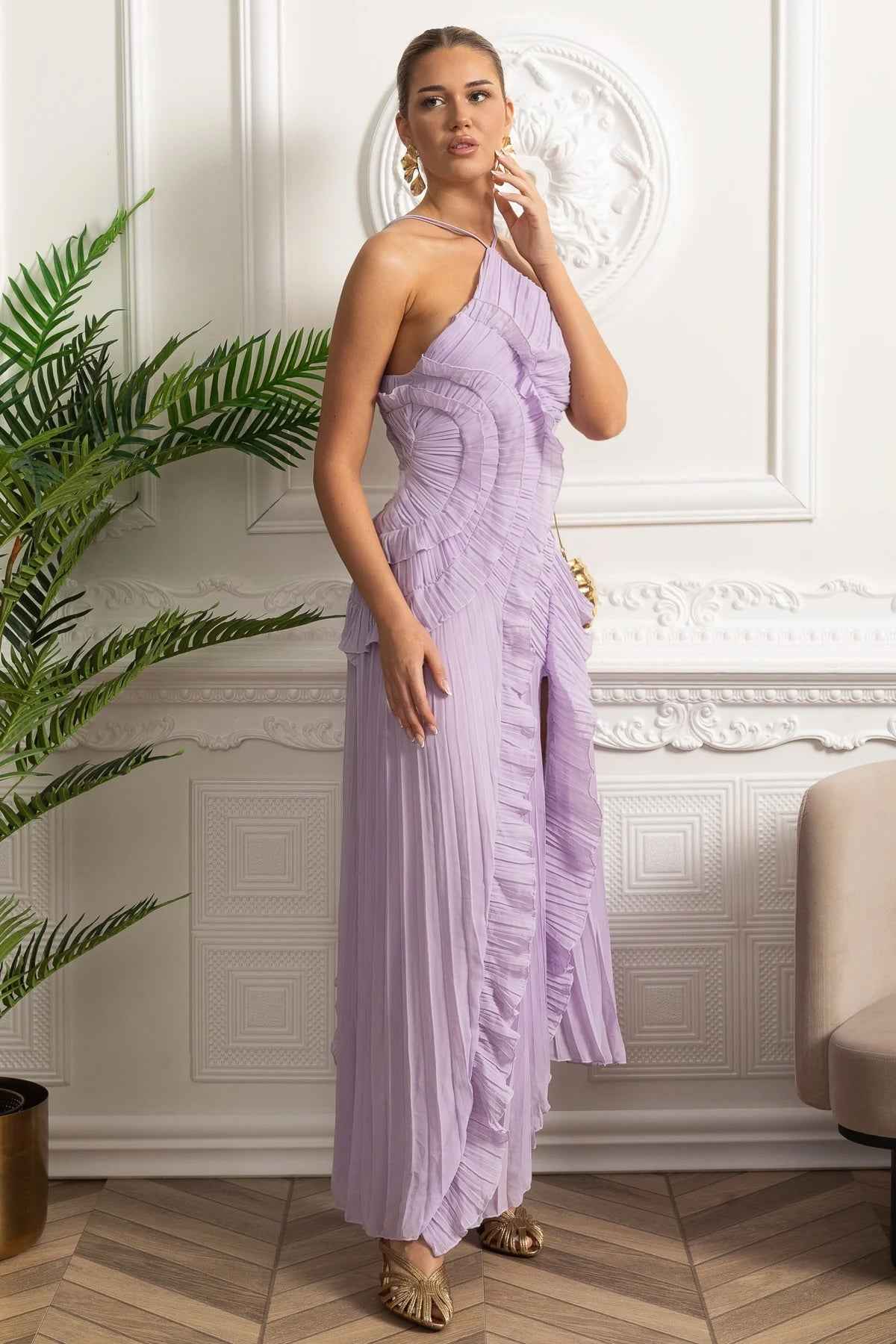 PLEATED HALTER MIDI COCKTAIL PARTY DRESS