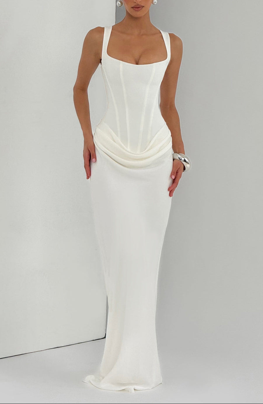 Anelina Satin Draped Maxi Gown in Black