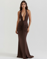 Plunging Halter Neckline, Ruched Details, Glamorous Events