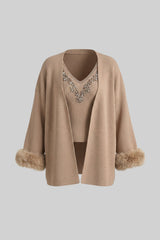 Knit Two Piece Set With Crystal Embellishments And Trim Cuffs - Beige