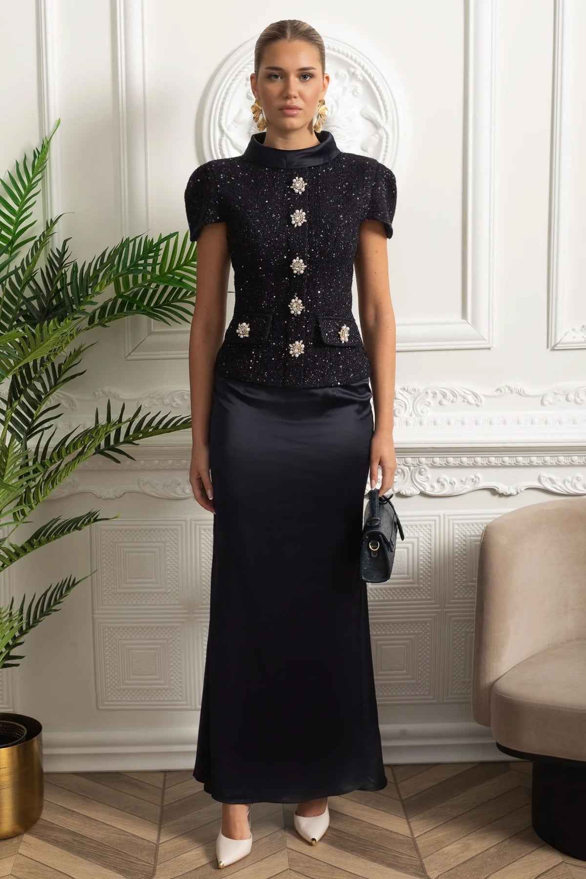 EMBELLISHED SATIN MAXI FORMAL EVENING DRESS