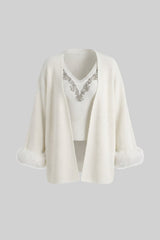 Knit Two Piece Set With Crystal Embellishments And Trim Cuffs - White