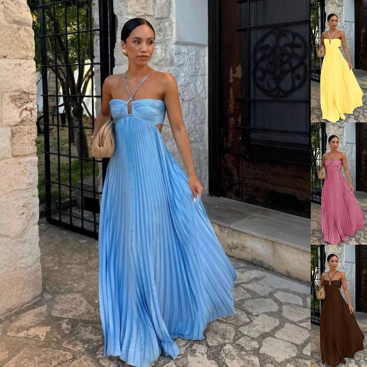 Pleated Sleeveless Maxi Evening Party Dress
