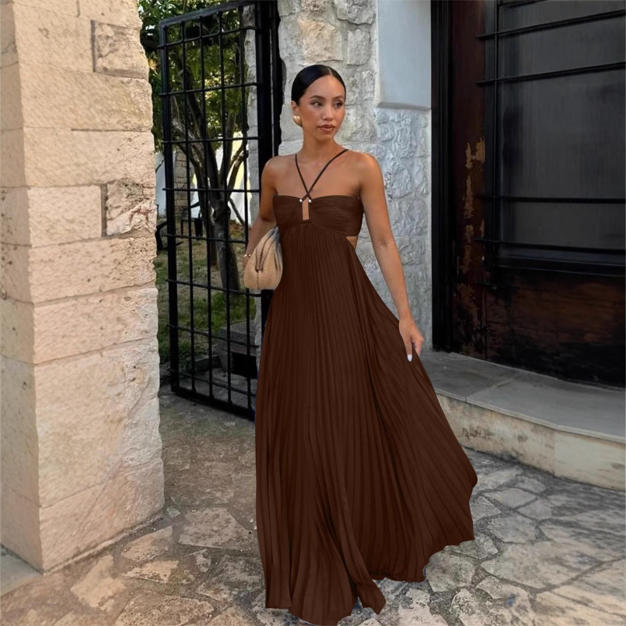 Pleated Sleeveless Maxi Evening Party Dress