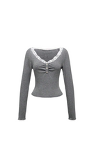 Atilana Lace Trim Long-Sleeve Top