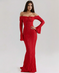 Red Stretch Floral Lace, Off-Shoulder Boned Bodice, Evening Wear