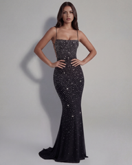 Rhinestone Stretch Mesh, Lace-Up Back, Black-Tie Events