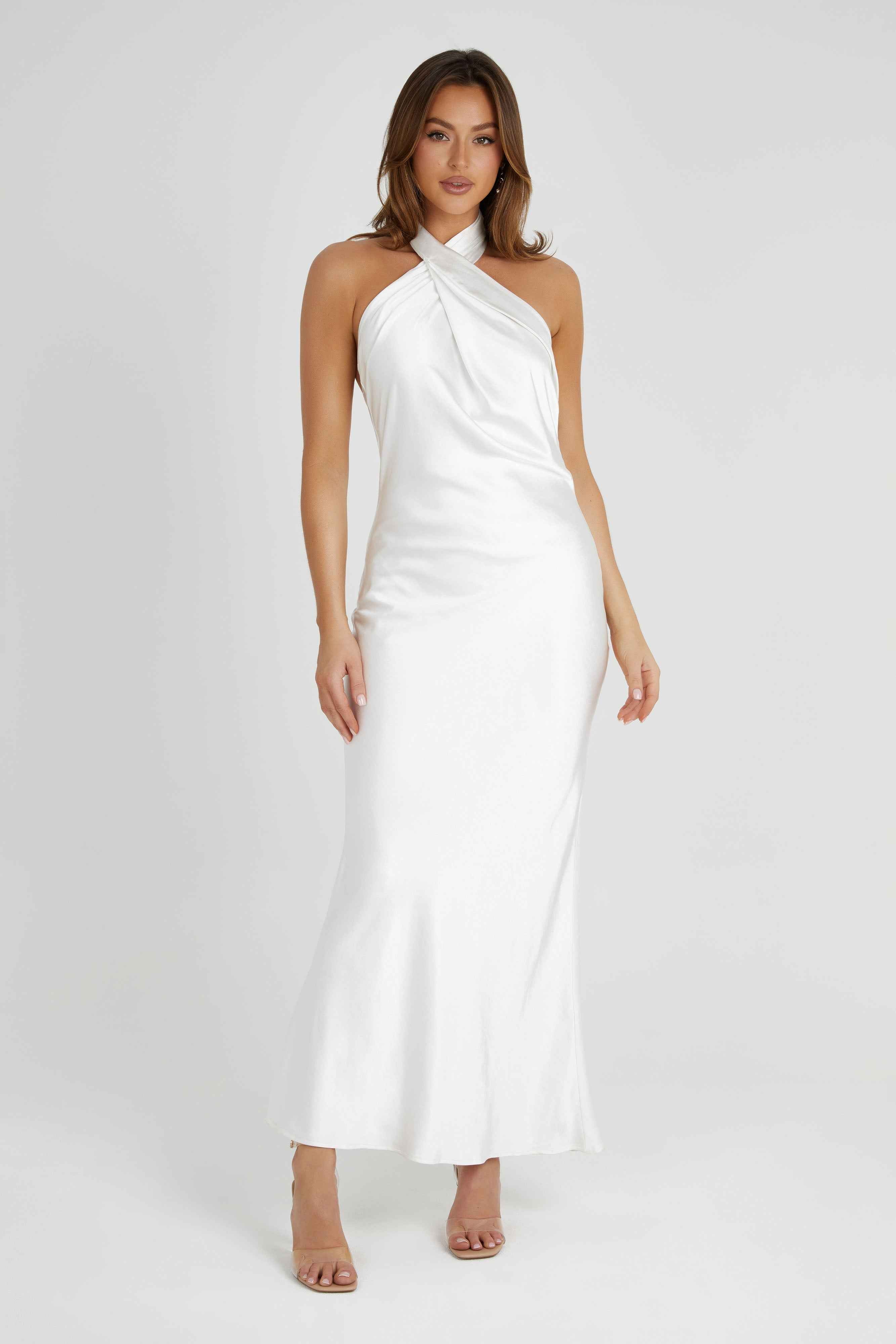 Laura White Satin Halter Gown