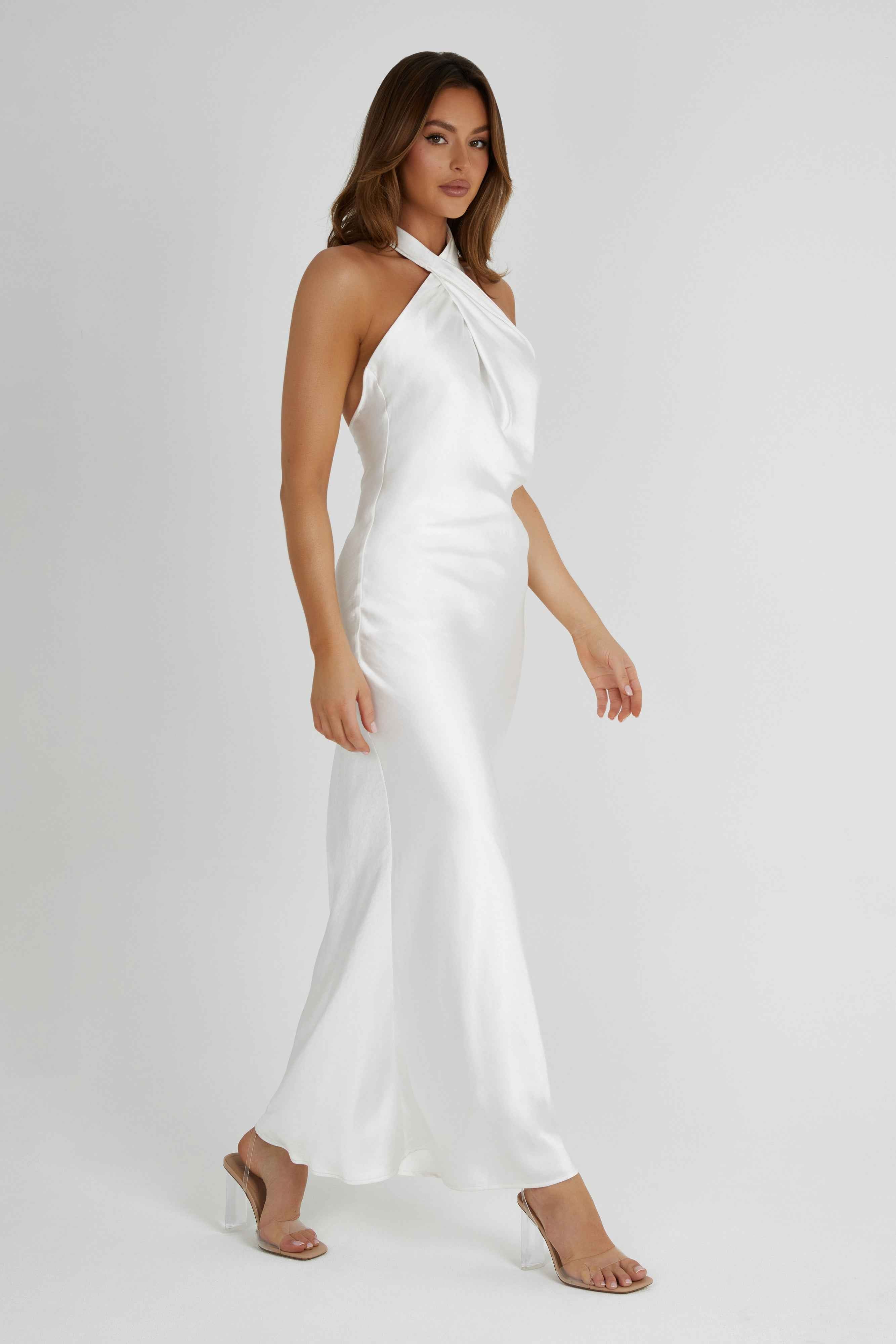 Laura White Satin Halter Gown