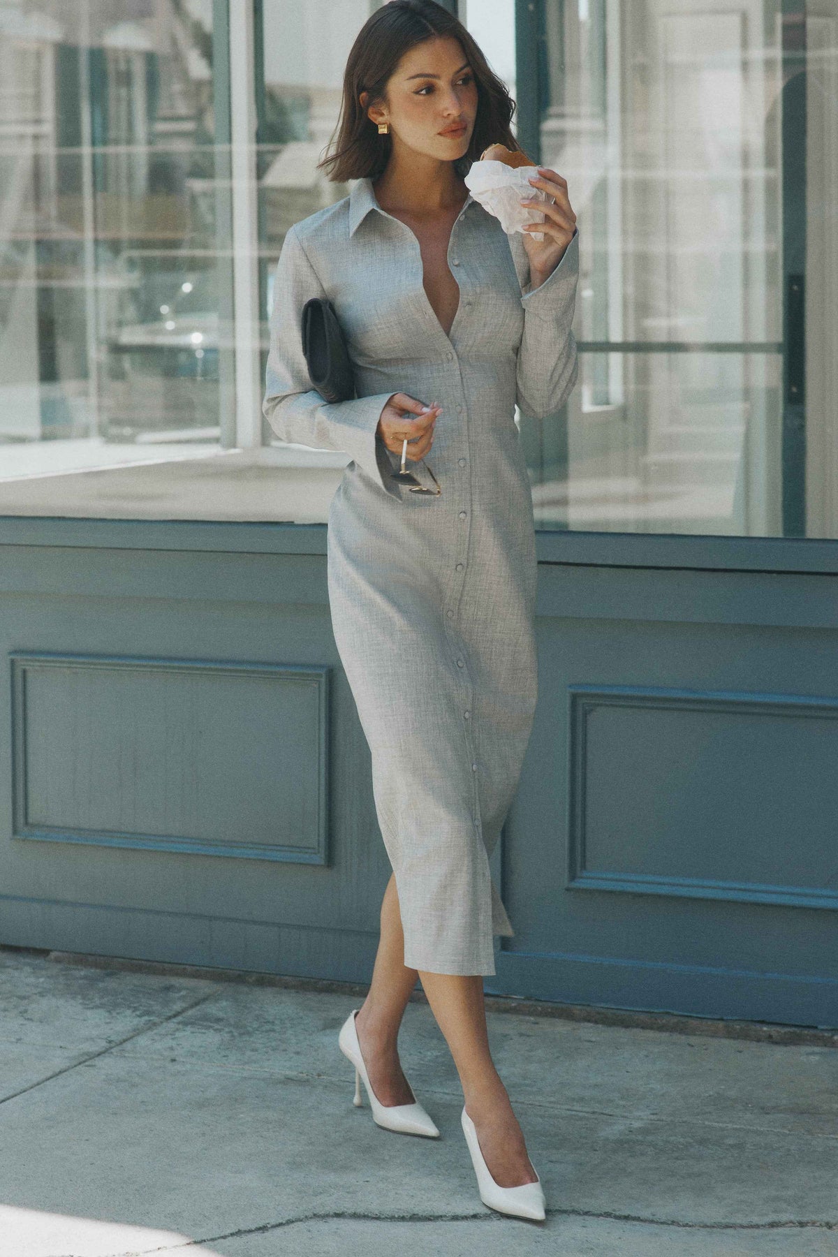 Dorian Charcoal Marle Fitted Shirt Midi Dress