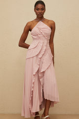Doux Pink Ruffled Trim Pleated Midi Dress
