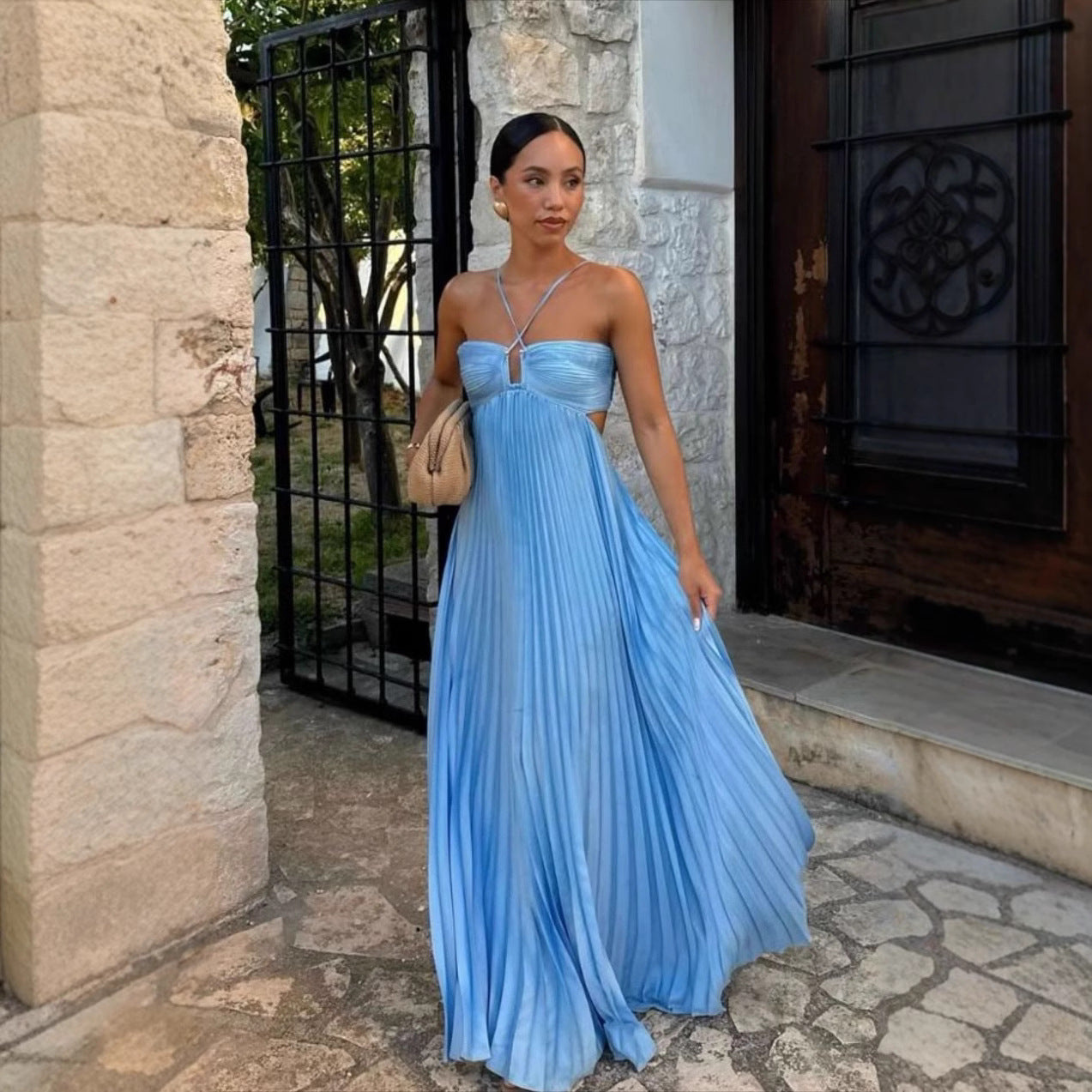 Pleated Sleeveless Maxi Evening Party Dress